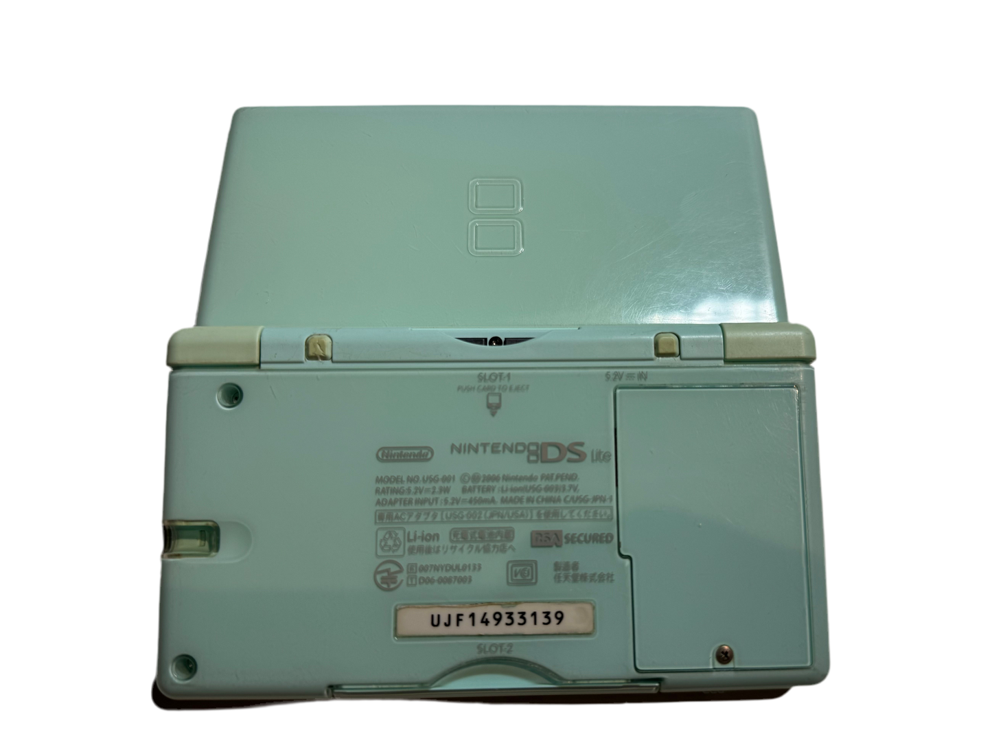 light blue Nintendo DS Lite with new charging cable