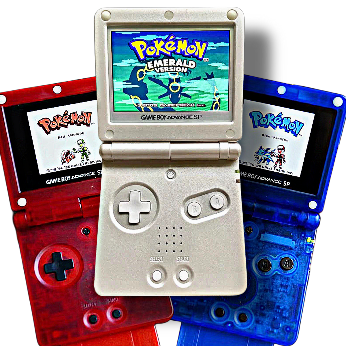 ips v3 moddet gameboy advance sp i tre farger pearl, rød og blå med pokemon spill på skjermene