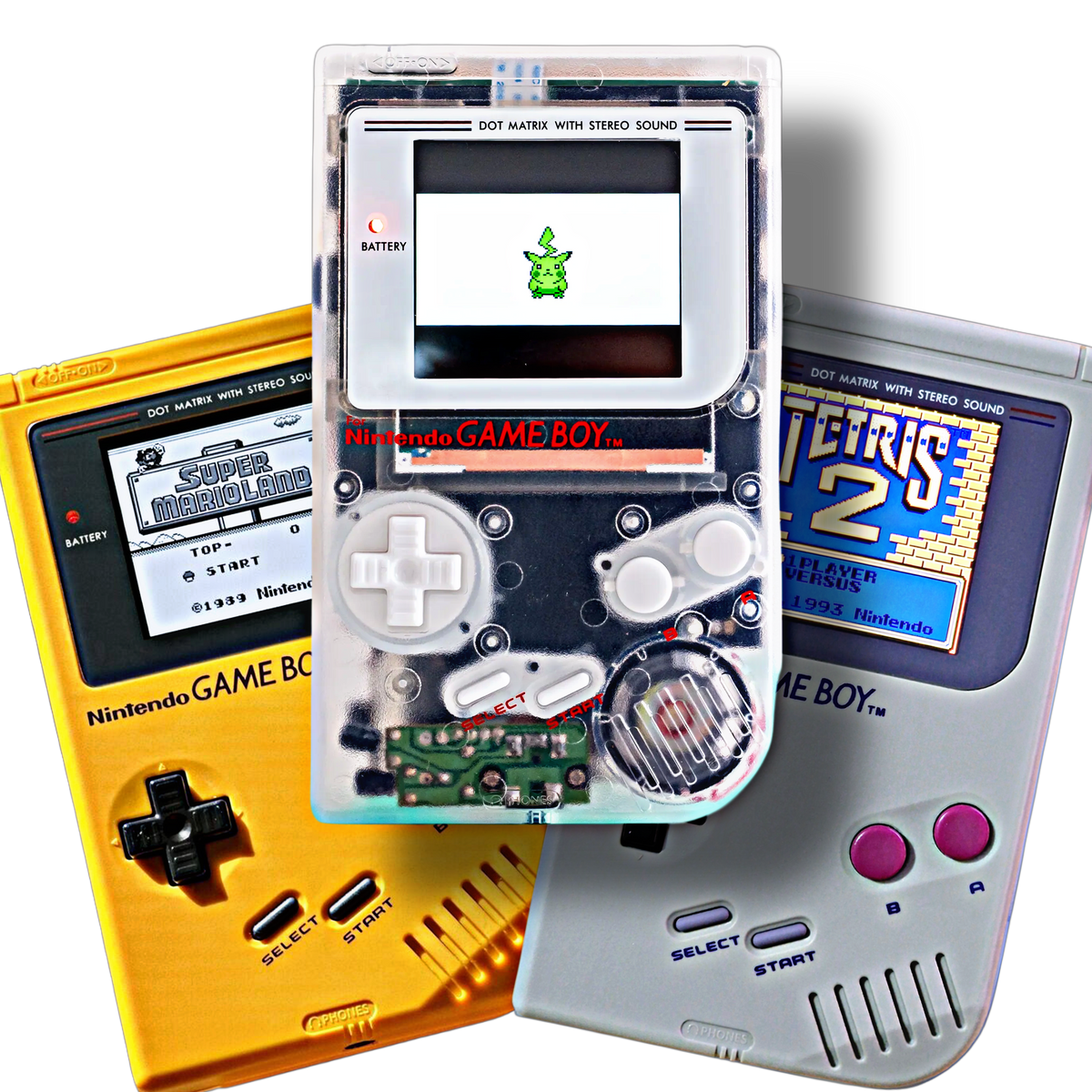 ips moddet gameboy førstegenerasjon i forskjellige farger