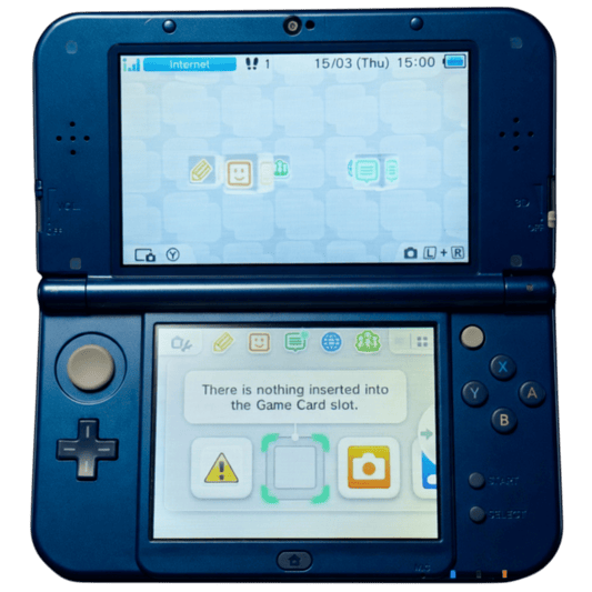 Mørkeblå new 3ds xl med skjerm som er på