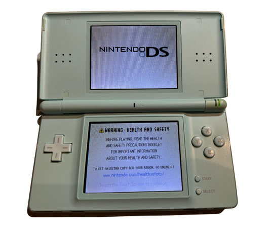 light blue Nintendo DS Lite with new charging cable